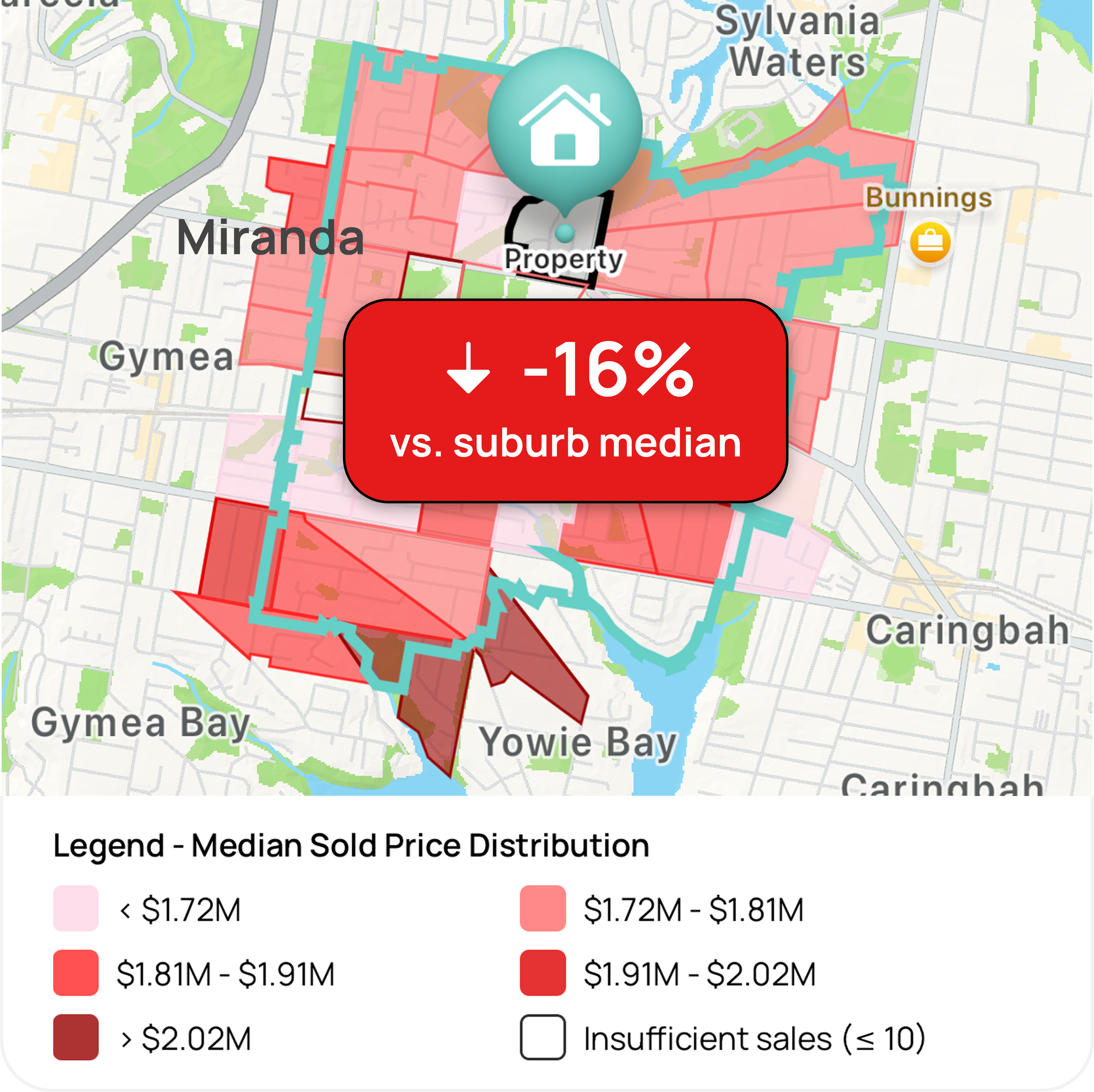 Sydney pocket price distribution map comparing suburb median prices and street-level property price gaps